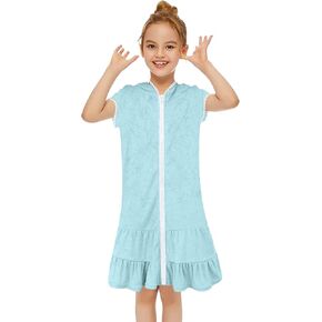 Toddler Kids Girl Zip Up Coverup Kids Long Sleeve Swim Dress Cover Ups Swimwear Bathing Suit Towel Hooded Swimsuit