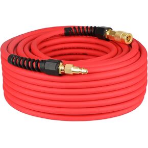 Durable Hybrid Air Hose, Flexible 1/4 Inch ID By 6 Feet Long Lead-in Short Air Compressor Hose with 1/4" Swivel Solid Brass Quick Coupler and Plug, 300 PSI Maximum Pressure, Red