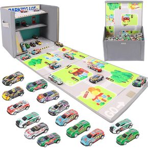 Toy Car Garage Box with Car Rug Play Mat Portable Kids Toy Storage Organizer for Playroom, Bedroom, Living Room Area Nursery Storage Bins for Boys and Girls