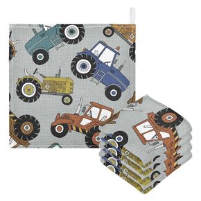 Tractors Pattern Baby Muslin Washcloths Set of 3 Vintage Truck Car Burp Cloth 12 x 12 Inches Christmas Shower Gift Soft Absorbent Infant Wipes Fingertip Face Towels for Newborn Boys Girls Kids