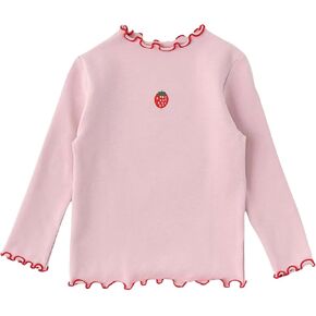 Toddler Girl Strawberry Fruit Pattern Undershirts Wooden Ear Trim Long Sleeve Top Crew Neck Autumn Winter Tight Shirt