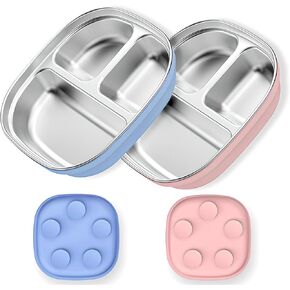 Stainless Steel Toddler Plates with Suction | Non-Slip Divided Baby Plates BPA Free & Non Toxic | Detachable Silicone Base| Dishwasher Safe | Unbreakable Kids Dinnerware 2-pack（Blue + pink）