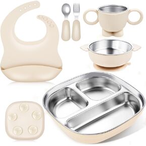 Stainless Steel Kids Plates and Bowls, 6 Pcs Baby Tableware Set Contain Deep-Divide Toddler Plates, Bowls, Cup, Utensils & Bib – BPA-Free 304 Steel + Silicone Suction – Dishwasher Safe