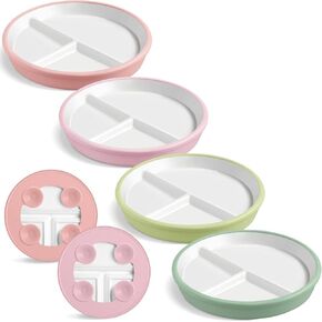 Domensi 4 Sets 8 Inch Kids Porcelain Plates with Silicone Suction Sleeve Antislip White Ceramic Divided Toddler Plates Microwave Dishwasher Safe for Baby Children Feeding Supplies (Cyan,Pink)