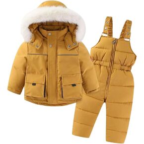 Baby Boys Girls Two Snowsuit Kids Toddler Winter Winter Coat Buffy Hood Puffer (أصفر ، 3-4 سنوات)