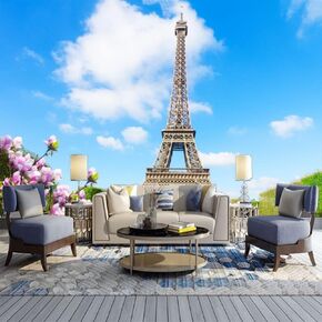 France Paris Eiffel Tower Pattern 3D Mural Wallpaper, Gray Photography Theme Photo Mural Wallpapers, Mural HD Photo for Living Room TV Sofa Bedroom 169" by 118"