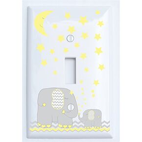Yellow Elephant Light Switch Plate and Outlet Covers with Yellow Moon and Stars Elephant Nursery Wall Decor with Grey and Yellow Chevrons Plates. (Double Rocker GFCI)