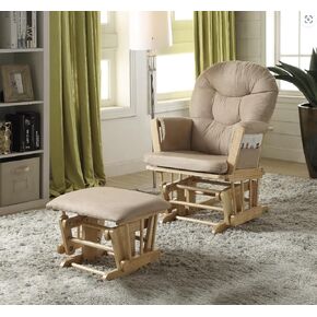 Glider Chair and Ottoman Set with Cushioned Seat, Gentle Gliding Motion, Natural Oak Finish, Taupe Microfiber Upholstery
