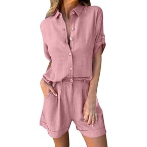 Women 2 Piece Cotton Linen Set Summer Button Down Dressy Casual Shirts Top and Lounge Pleated Pockets Shorts Beach Sets