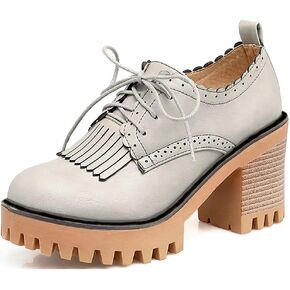 MIOKE Women's Chunky Platform Pump Oxfords Brogues Round Toe Lace Up Block High Heel Vintage Dress Shoes