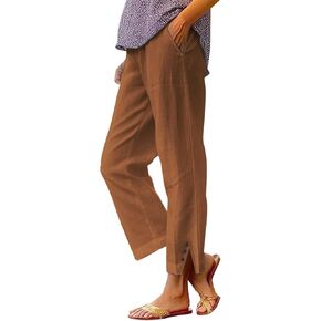 Leggings for Women Solid Elastic Pants Long Drawstring Linen Women Waist Cotton Casual Slit Trouser Legs Pants