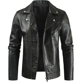Maiyifu-GJ Men Faux Leather Motorcycle Jacket Vintage Notched Lapel Pu Biker Coat Lightweight Asymmetric Zipper Slim Outwear