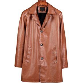 Maiyifu-GJ Men's PU Leather Trench Coat Classic Faux Leather Slim Fit Overcoat Winter Fleece Lapel Windbreaker Jacket