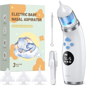 Nasal Aspirator for Baby, Baby Nose Sucker with 3 Soft Silicone Tips, 5 Levels of Suction Adjustment, Electric Nose Suction for Baby，Built-in Music & Light Soothing