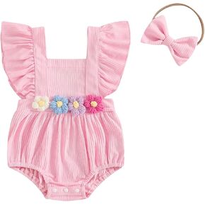 Baby Girl 3DFlower Romper Flying Sleeve Elastic Waistband Bodysuit with Bow Headband Cute Summer Clothes 2Pcs Set