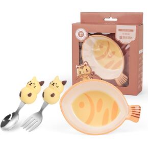 Toddler Bowl and Utensil Set, 6.8oz Durable Unbreakable Dish for Cereal, Soup, Snacks, Fruits Cute Fish & Cat Kids Dinnerware, Easy-Grip Design with 18/8 Stainless Steel Fork/Spoon