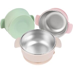 Stainless Steel and Silicone with Suction Baby Bowls 3 Packs 4.3" Kids Feeding,Non-Toxic&Lead-Free&Mess Free Toddler Bowl Set,Dishwasher Safe&Extra Strong Base&Fit Highchar Size,beige green light pink