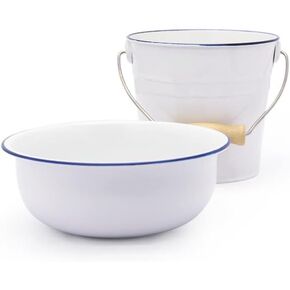 Metal Bucket and Bowl Set White/Blue for Montessori Practical Life Exercises