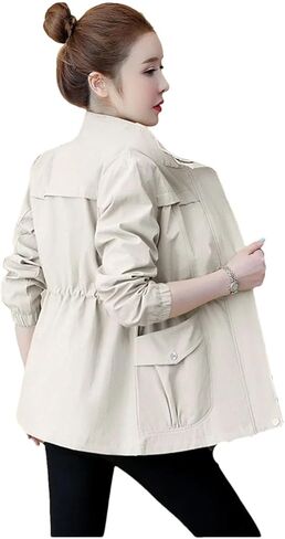 Women Trench Coat Korean Long Sleeve Windbreaker Loose Stand-Collar Jacket Zipper Pocket Outerwear in Saudi Arabia