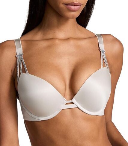 Victoria's Secret Shine Strap Push Up Bra, Adds One Cup Size, Padded, Plunge Neckline, Lace, Bras for Women, Very Sexy Collection, Black Monogram (36DDD) in Saudi Arabia