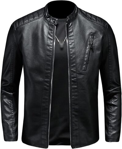 Maiyifu-GJ Men's Vintage Faux Leather Jacket PU Zip Up Stand Collar Bomber Coat Retro Warm Slim Fit Jackets Windbreaker in Saudi Arabia