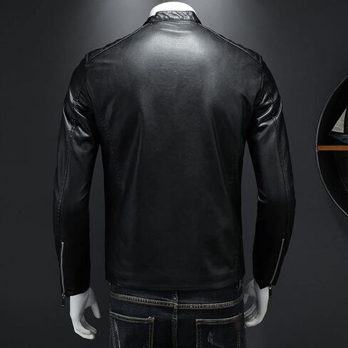 Maiyifu-GJ Men's Vintage Faux Leather Jacket PU Zip Up Stand Collar Bomber Coat Retro Warm Slim Fit Jackets Windbreaker in Saudi Arabia