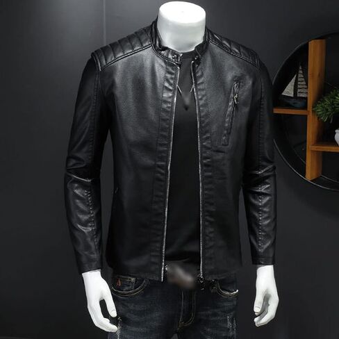 Maiyifu-GJ Men's Vintage Faux Leather Jacket PU Zip Up Stand Collar Bomber Coat Retro Warm Slim Fit Jackets Windbreaker in Saudi Arabia