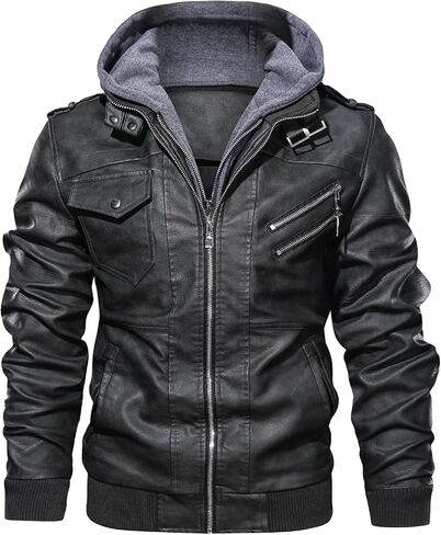 Maiyifu-GJ Casual Motorcycle Jacket for Men Faux Leather Windproof Moto Coat Vintage Bomber Hoodie with Removable Hood in Saudi Arabia