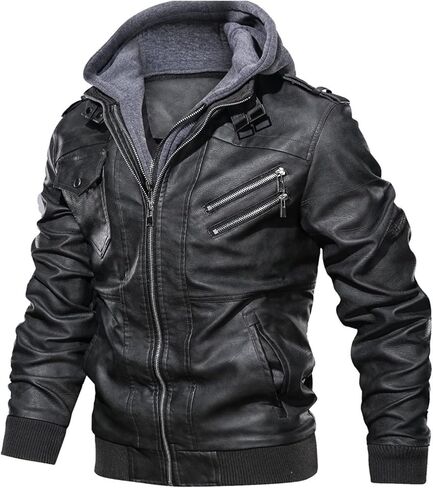 Maiyifu-GJ Casual Motorcycle Jacket for Men Faux Leather Windproof Moto Coat Vintage Bomber Hoodie with Removable Hood in Saudi Arabia