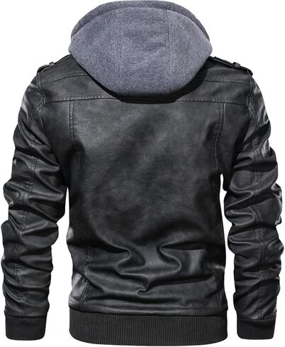 Maiyifu-GJ Casual Motorcycle Jacket for Men Faux Leather Windproof Moto Coat Vintage Bomber Hoodie with Removable Hood in Saudi Arabia