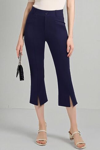 PUWEER كابري السراويل للنساء أنيق الأعمال عادية بسط مضيئة سروال فستان المرأة مع جيوب الصيف المحاصيل العمل كابري in Kuwait