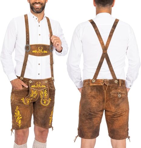 BAVARIA TRACHTEN Lederhosen Men Oktoberfest Costume - Genuine Leather, German Mens Lederhosen - Olive Yellow/Rust Green in Saudi Arabia