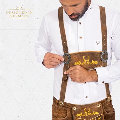 BAVARIA TRACHTEN Lederhosen Men Oktoberfest Costume - Genuine Leather, German Mens Lederhosen - Olive Yellow/Rust Green in Saudi Arabia
