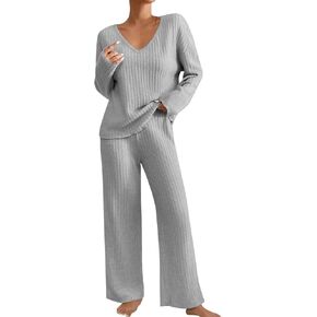 Women 2 Piece Outfits Sweater Lounge Sets Long Sleeve V Neck Knit Pullover and Wide Leg Pants Tracksuit Matching Set