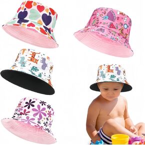 4 Pack Kids Sun Hat, Cute Bucket Hat for Girls Boys, Packable Sun Protection Beach Cap, Outdoor Visor Cap, Wide Brim Summer Hat for Baby Toddler Travel Holiday, Ages 1-4