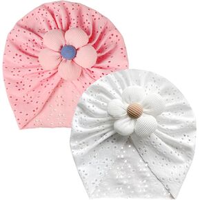 2Pcs Flower Baby Girls Hats, Infant Newborn Baby Turban Hospital Bonnets Beanies Hats Stretchy