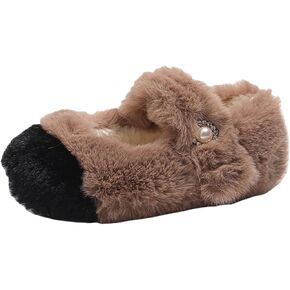 Faux 𝗙𝐮𝗿 Mary Jane Ballet Flat𝘀 with Buckle Strap for Girls Comfy Ballerina Flat Shoes Furry Sparkly Girl Slippers