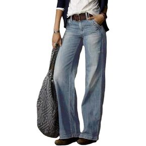 Women's Vintage Fashion Trousers Casual Straight Leg Wide Jeans High Waisted Stretch Denim Classic Slim Jean