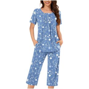 زر المرأة لأسفل بيجاما مجموعة قصيرة الأكمام ناعم pjs pjs مطوية الأزهار nightshirts و capri pants مجموعات صالة