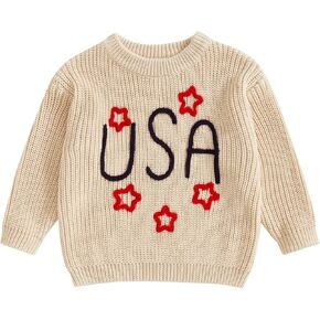 Toddler Baby Boys Girls 4th of July Sweater USA Stars Embroidery Long Sleeve Crewneck Pullover Knit Top