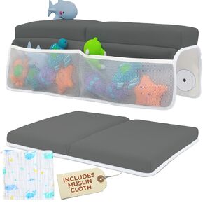 Comfortable Baby Bath Kneeler and Elbow Rest Pad Set with Whale Burp Cloth - Thick, Non-Slip, Memory Foam Kneeling Pad for Bathing Baby with Toy Storage Pockets - Easy Clean and Durable - Dark Grey