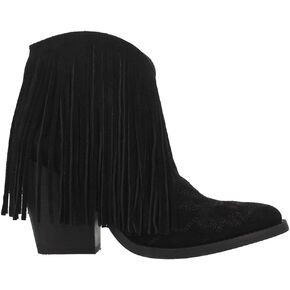 Dingo Womens Tangles Fringe Embroidered Pointed Toe Pull On Casual Boots Ankle High Heel 3" & Up - Black