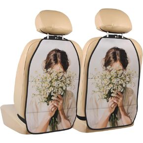 Woman Holding Bouquet Of Daisies Car Seat Back Kick Protectors,2 Pack Kick Mats With Storage Pockets For Vehicles To Protect From Dirt Mud Scratches