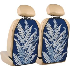 White Fern Leaves Deep Blue Car Seat Back Kick Protectors,2 Pack Kick Mats With Storage Pockets For Vehicles To Protect From Dirt Mud Scratches