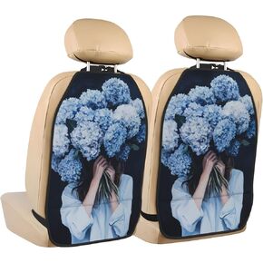 Blue Hydrangeas Flowers Cover Woman Face Car Seat Back Kick Protectors,2 Pack Kick Mats with Storage Pockets for Vehicles to Protect from Dirt Mud Scratches