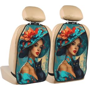 Woman Blue Turquoise Hat Black Cat Car Seat Back Kick Protectors,2 Pack Kick Mats with Storage Pockets for Vehicles to Protect from Dirt Mud Scratches