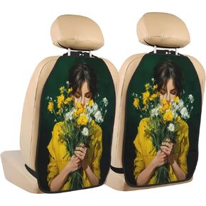 Woman Holding Yellow White Flowers Car Seat Back Kick Protectors,2 Pack Kick Mats With Storage Pockets For Vehicles To Protect From Dirt Mud Scratches