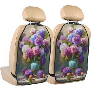 Hydrangea Car Seat Back Kick Protectors,2 Pack Kick Mats With Storage Pockets For Vehicles To Protect From Dirt Mud Scratches