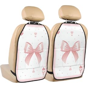 Pink Card With A Bow Girly Style Car Seat Back Kick Protectors,2 Pack Kick Mats With Storage Pockets For Vehicles To Protect From Dirt Mud Scratches