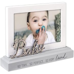 Malden International Designs 4x6 Baby Picture Frame Baby So Tiny White MDF Wood Frame Routed Gray MDF Wood Base Screenprinted Text Silver Finish Metal Word Attachment, White and Gray (3568-46)